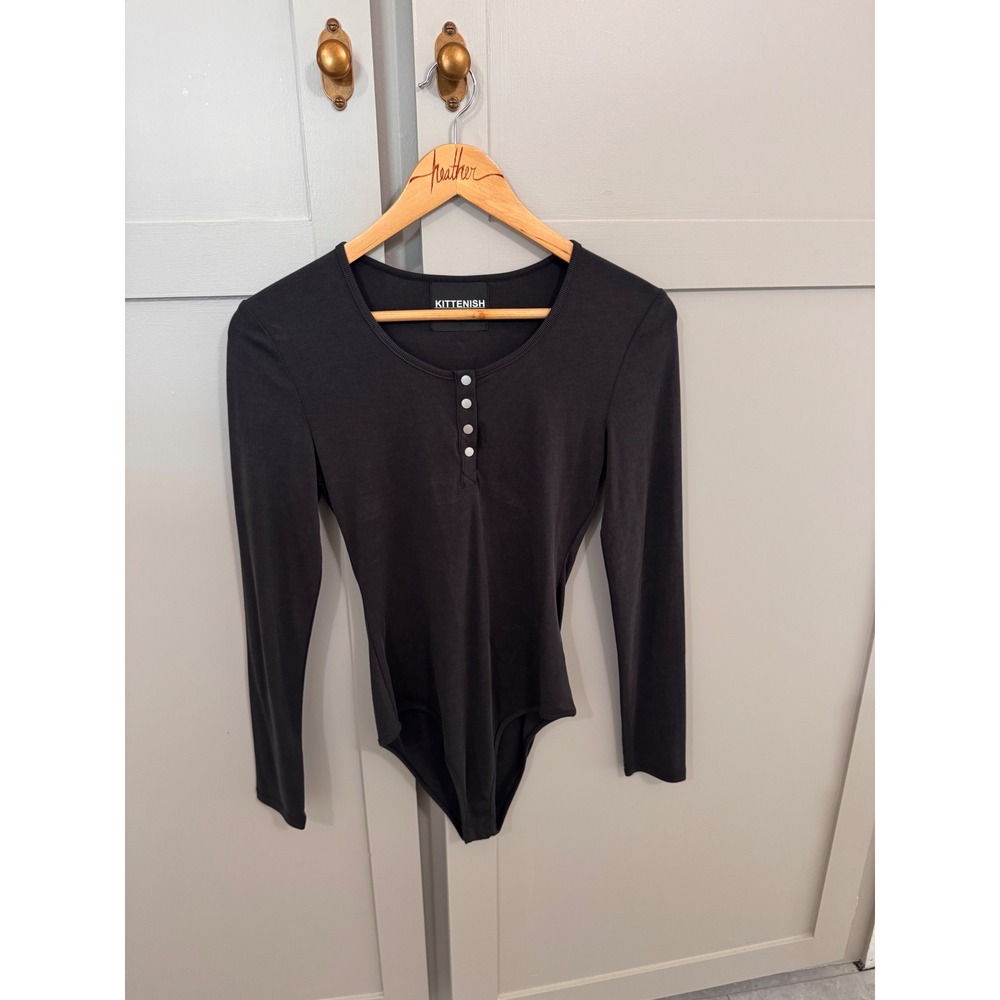 Kittenish Womens Black Ribbed Long Sleeve Henley Bodice Top Size Medium